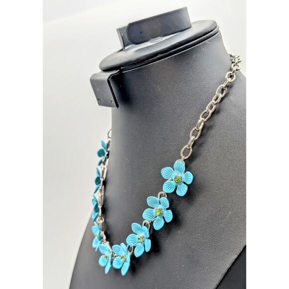 Nine Blue Metal Green Crystal Flowers on Silver Tone Chain 18"-21" Necklace - Picture 2 of 7
